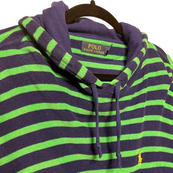 Polo Ralph Lauren Striped Terry Cloth Hoodie Green Blue Pullover Men's Size XL - Picture 2 of 8